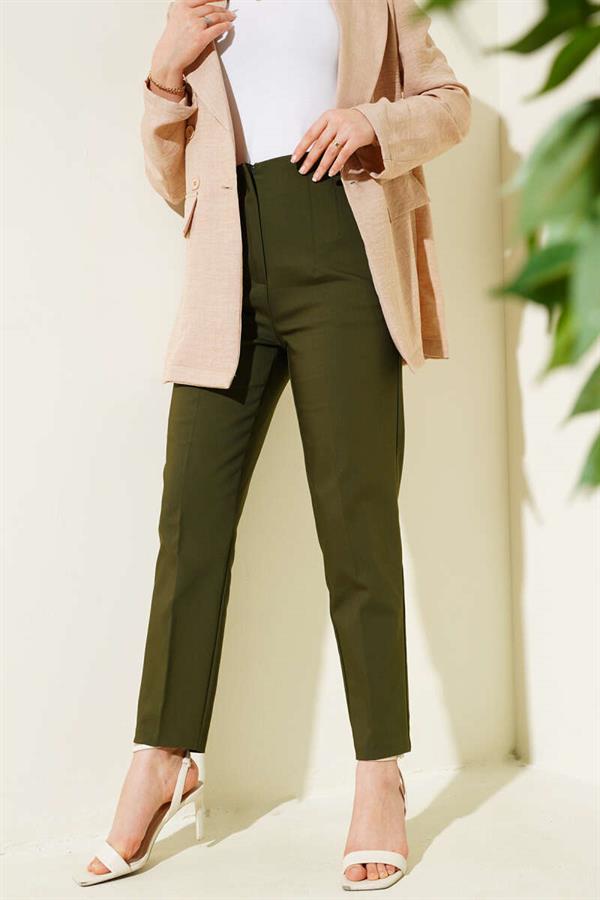 Darted Waist Skinny Leg Fabric Trousers Khaki