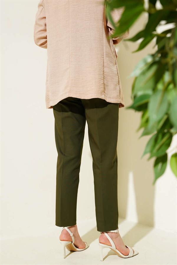 Darted Waist Skinny Leg Fabric Trousers Khaki