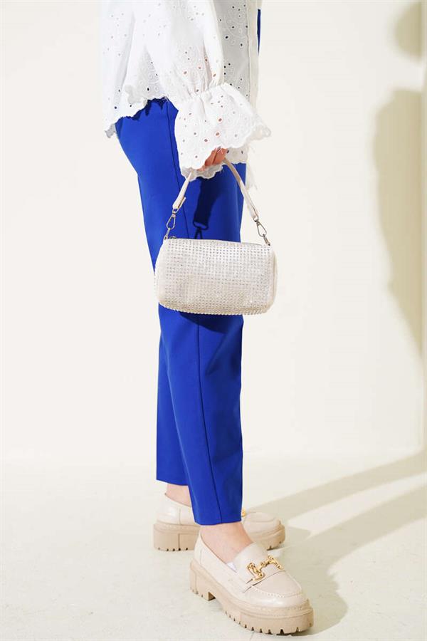 Darted Waist Skinny Leg Fabric Trousers in Saxe
