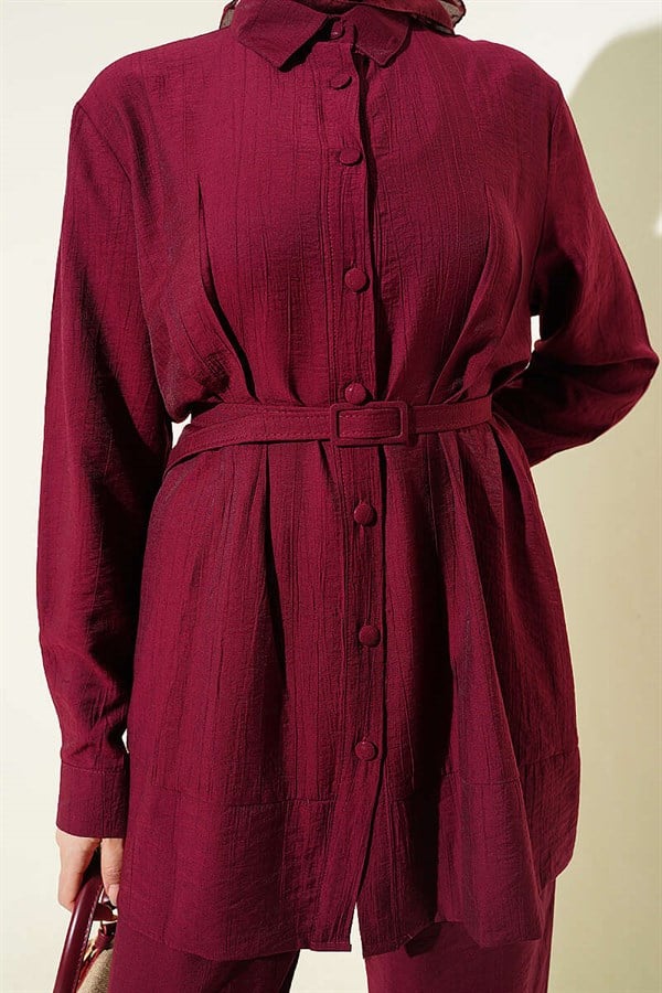 2 Piece Set with Waist Darts and Belt, Burgundy