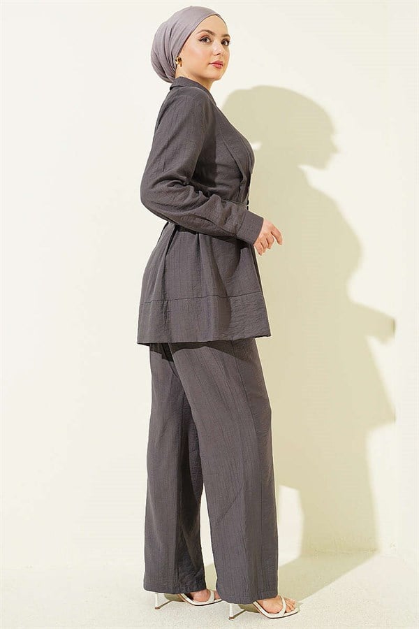 2 Piece Set with Waist Darts and Belt, Smoke Grey