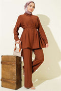 2 Piece Set with darts and belt, coffee brown.