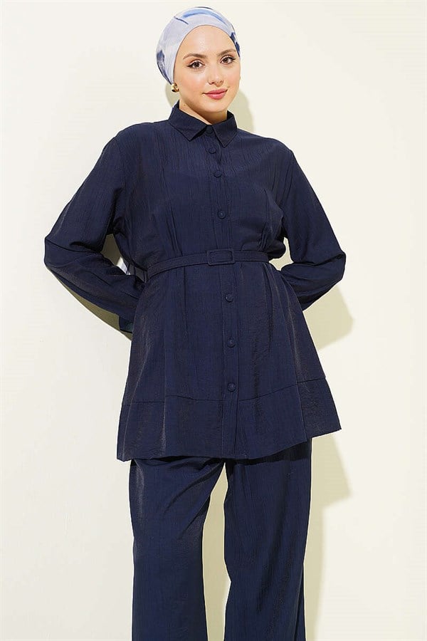 2 Piece Set with Waist Darts and Belt, Navy Blue