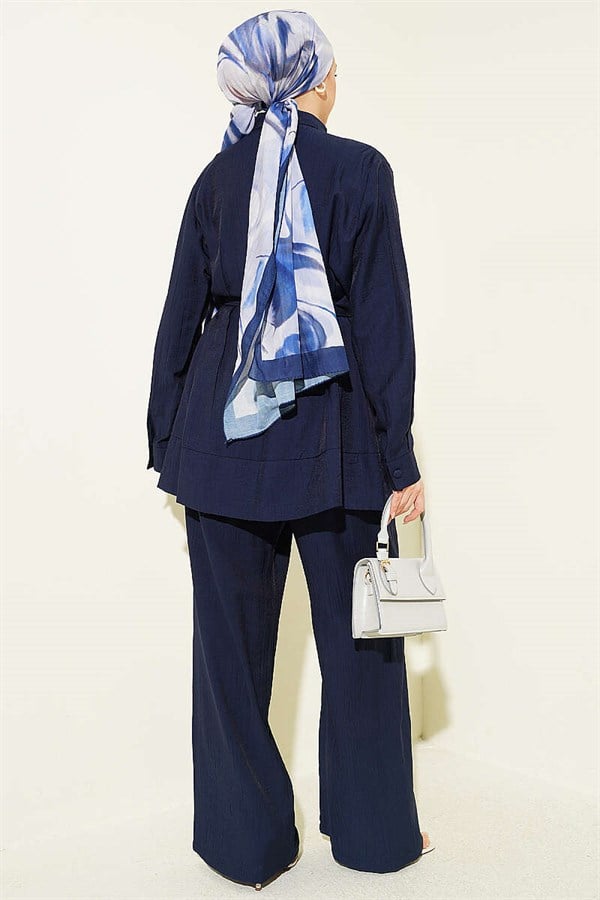 2 Piece Set with Waist Darts and Belt, Navy Blue