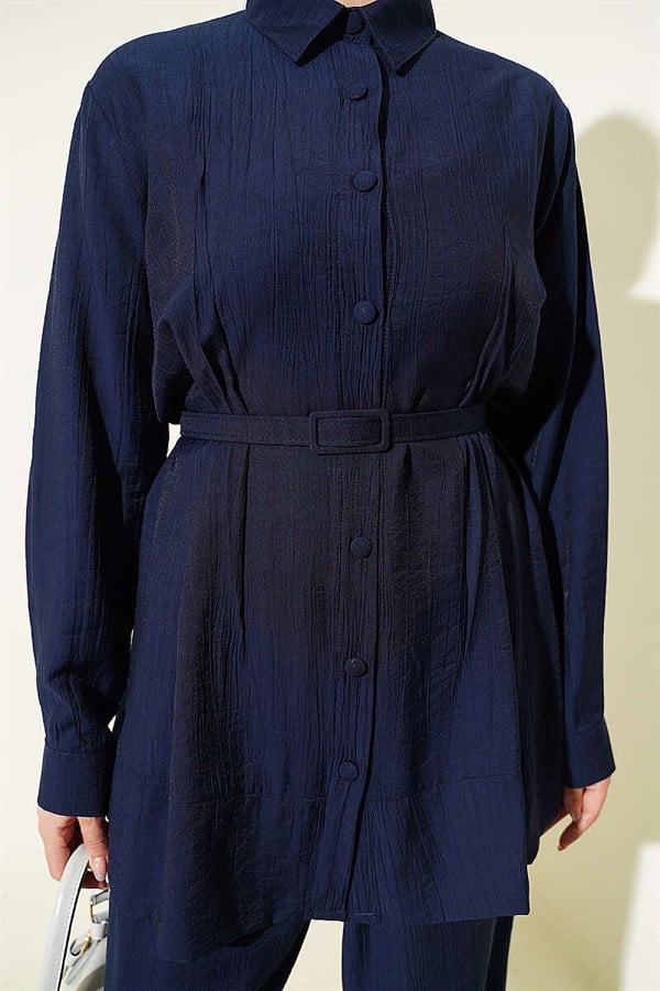 2 Piece Set with Waist Darts and Belt, Navy Blue