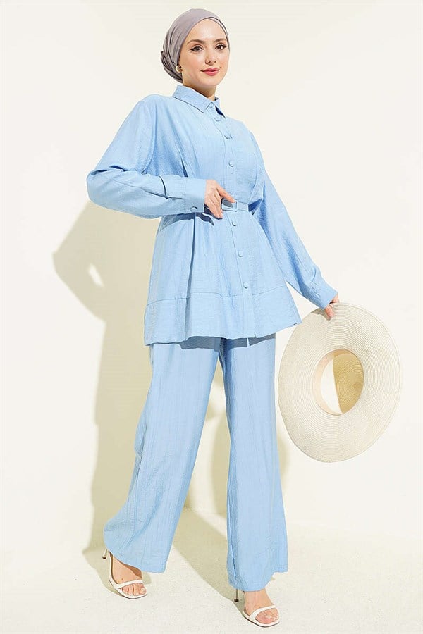 2 Piece Set with Waist Darts and Belt, Blue