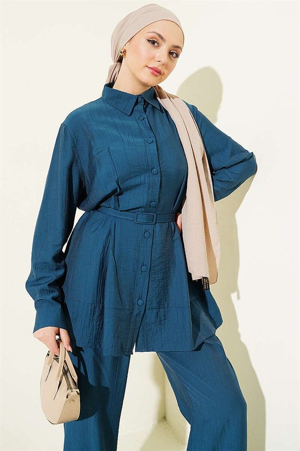 2 Piece Set with Waist Darts and Belt, Petrol