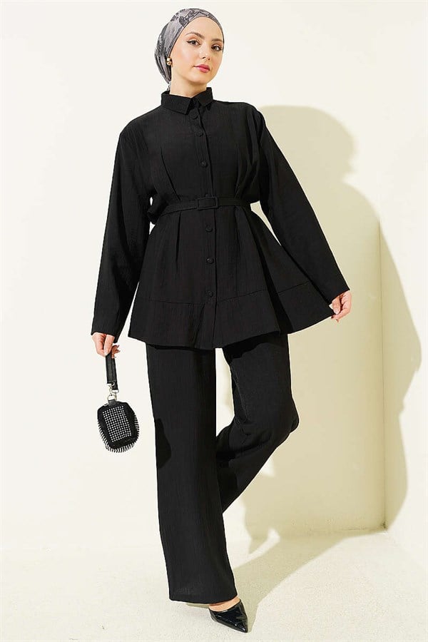 2 Piece Set with Waist Darts and Belt, Black