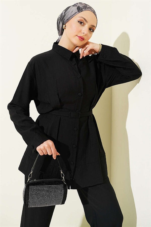 2 Piece Set with Waist Darts and Belt, Black