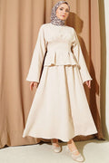 2 Piece Set with belted skirt and darts, beige.