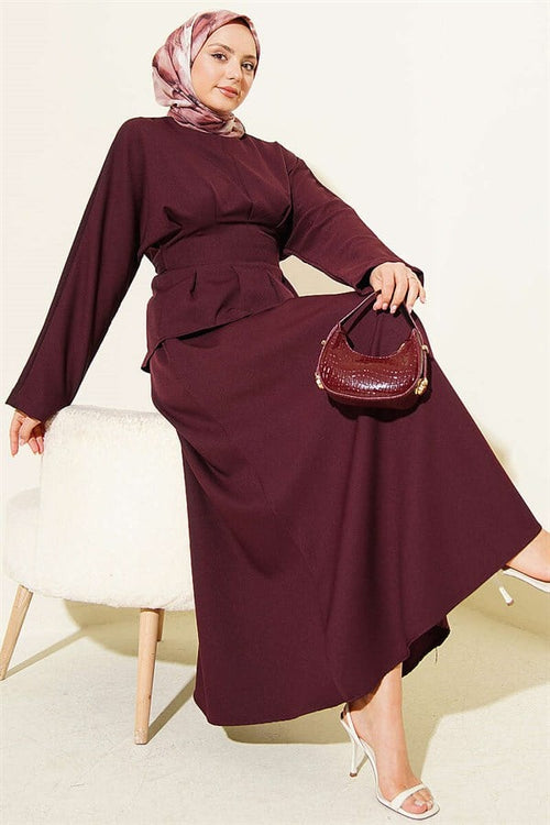 2 Piece Set with belted skirt and darts, plum color.