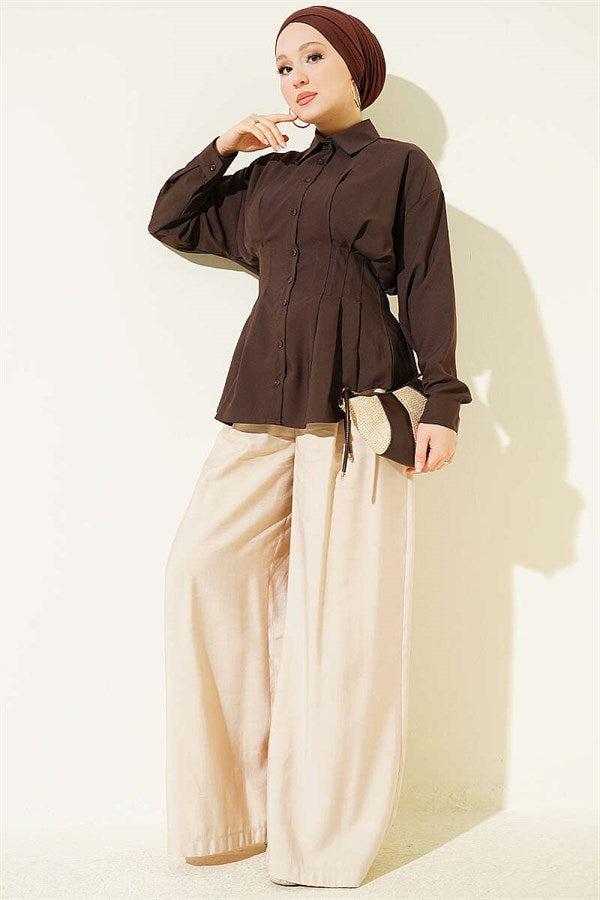 Pleated Shirt with Waist Darts, Brown