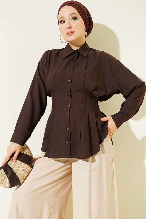 Pleated Shirt with Waist Darts, Brown