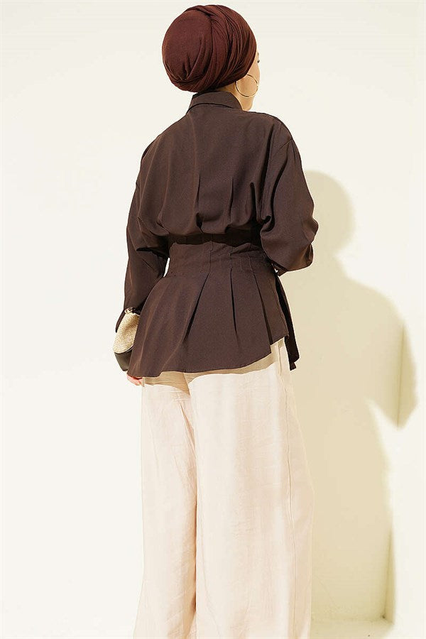 Pleated Shirt with Waist Darts, Brown