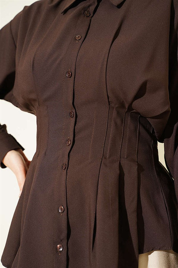 Pleated Shirt with Waist Darts, Brown