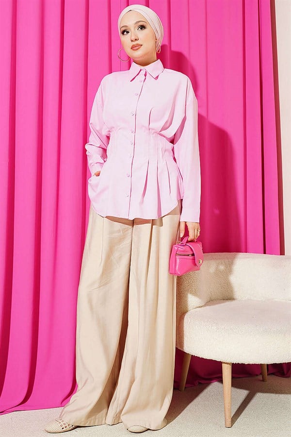 Pink Pleated Shirt with Waist Darts