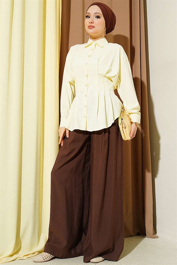 Yellow Pleated Shirt with Waist Darts