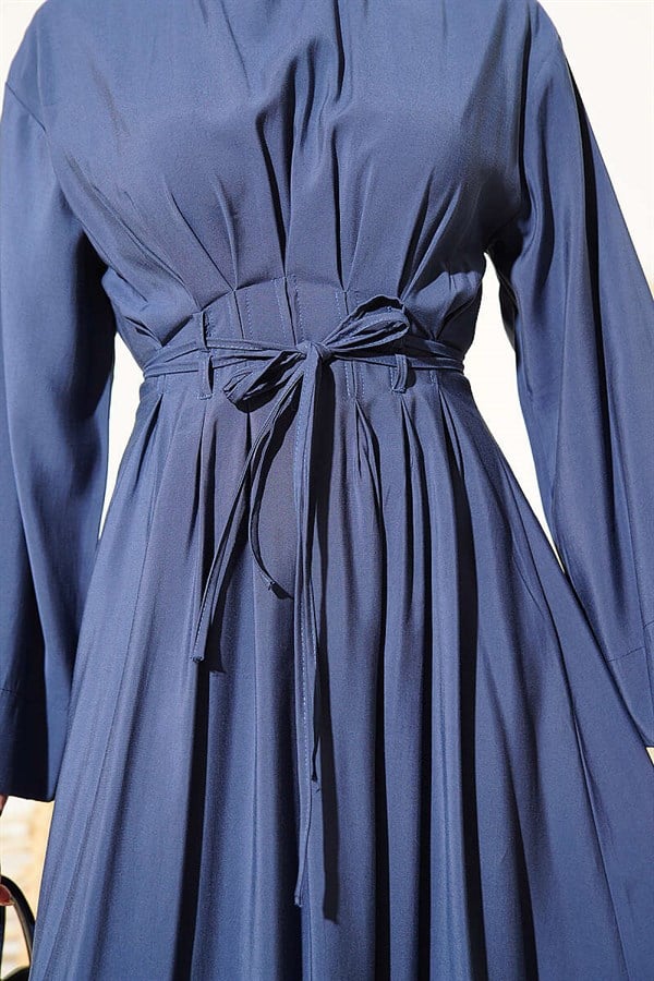 Navy Blue Modal Dress with Pleated Waist and Strappy Belt