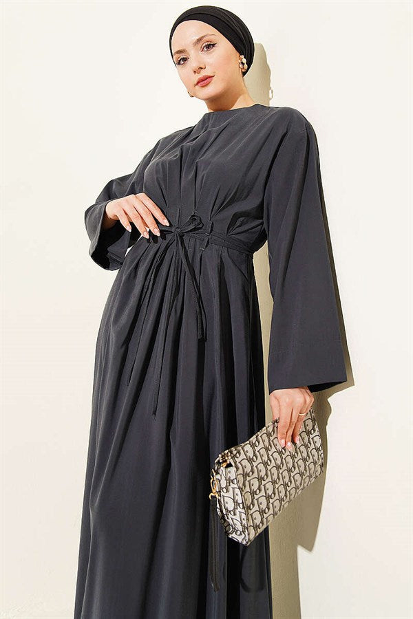 Modal Dress with Waist Darts, Pleats and Drawstring Belt, Smoke Grey