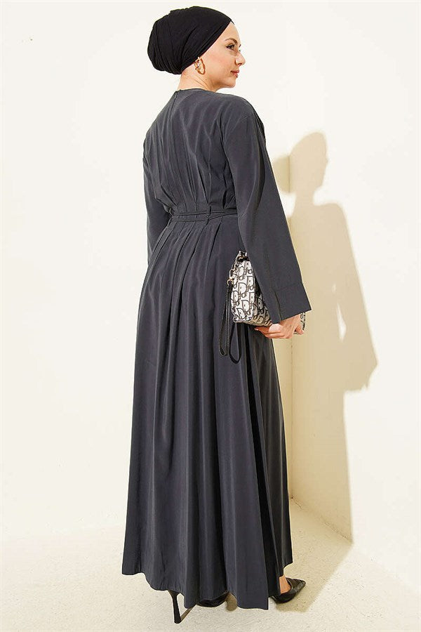 Modal Dress with Waist Darts, Pleats and Drawstring Belt, Smoke Grey
