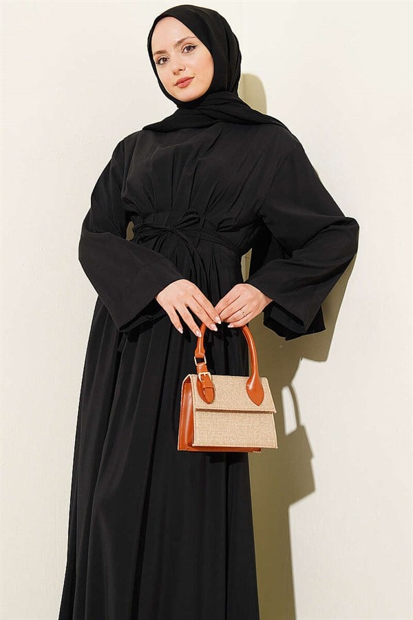 Black Modal Dress with Waist Darts, Pleats, and Tie Belt