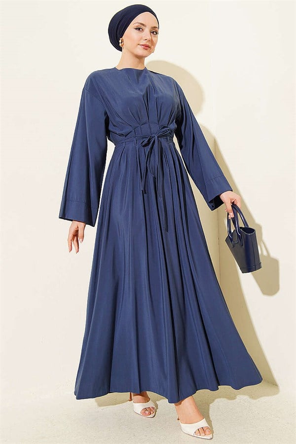 Navy Blue Modal Dress with Pleated Waist and Strappy Belt