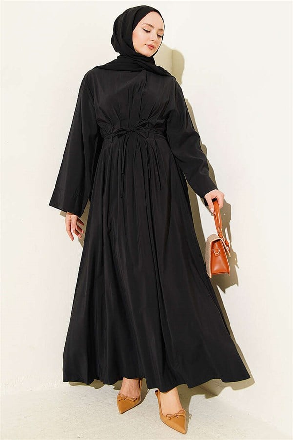 Black Modal Dress with Waist Darts, Pleats, and Tie Belt
