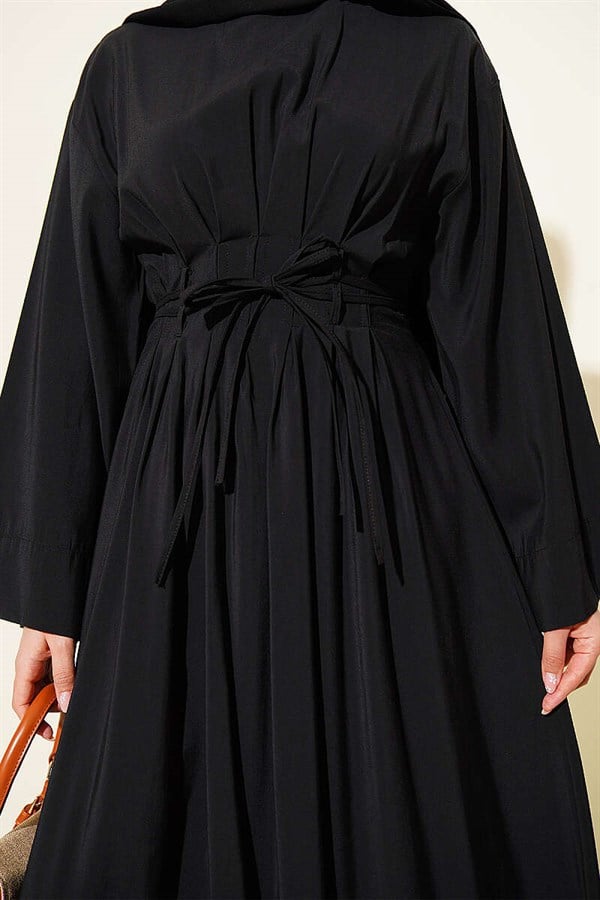 Black Modal Dress with Waist Darts, Pleats, and Tie Belt