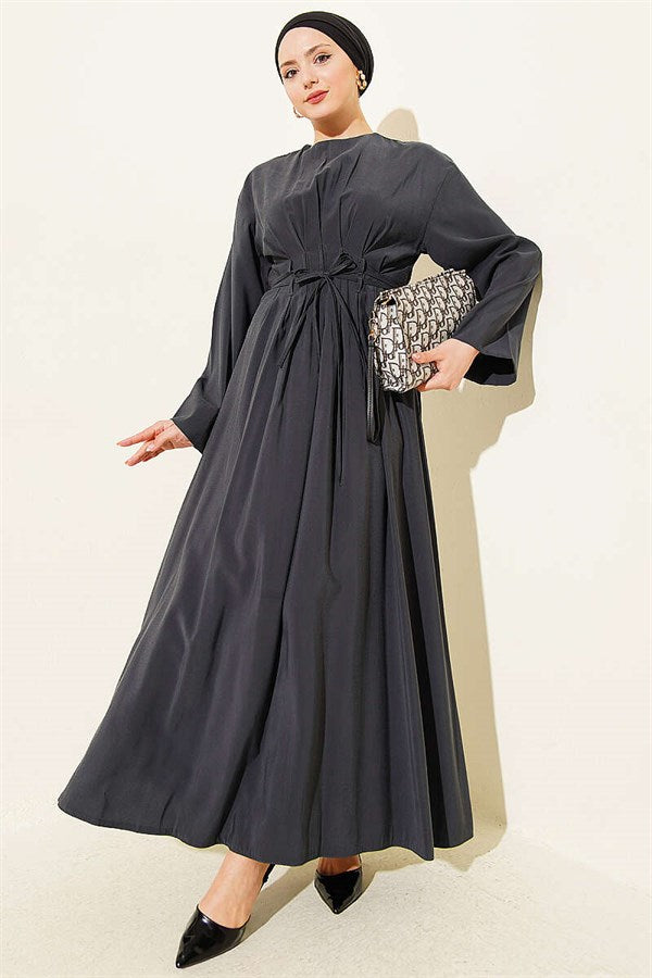 Modal Dress with Waist Darts, Pleats and Drawstring Belt, Smoke Grey