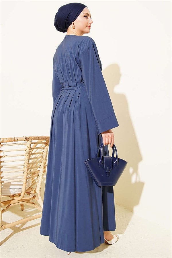Navy Blue Modal Dress with Pleated Waist and Strappy Belt
