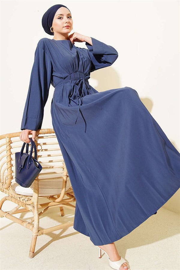 Navy Blue Modal Dress with Pleated Waist and Strappy Belt