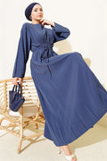 Navy Blue Modal Dress with Pleated Waist and Strappy Belt