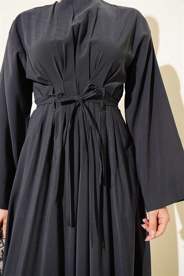 Modal Dress with Waist Darts, Pleats and Drawstring Belt, Smoke Grey