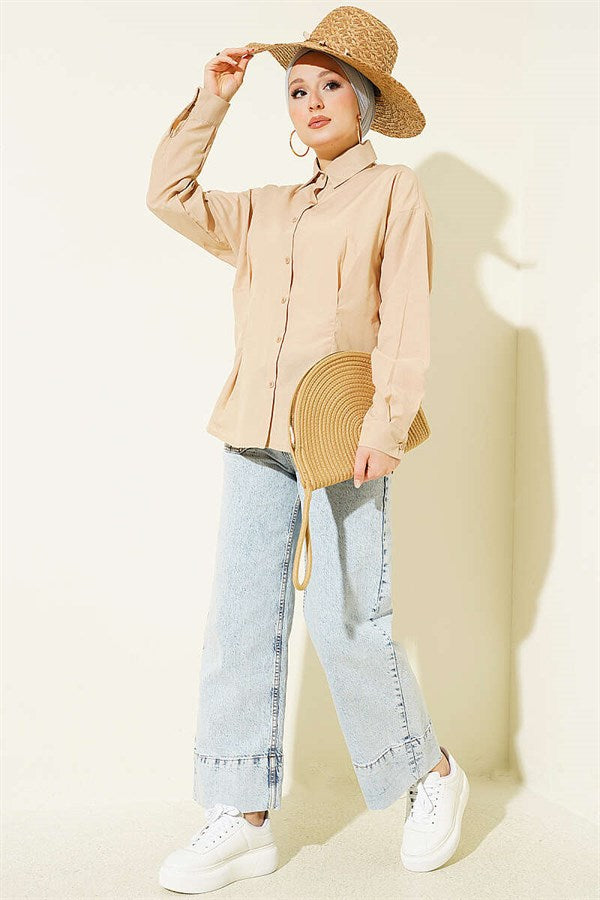 Poplin Shirt with Waist Darts, Beige