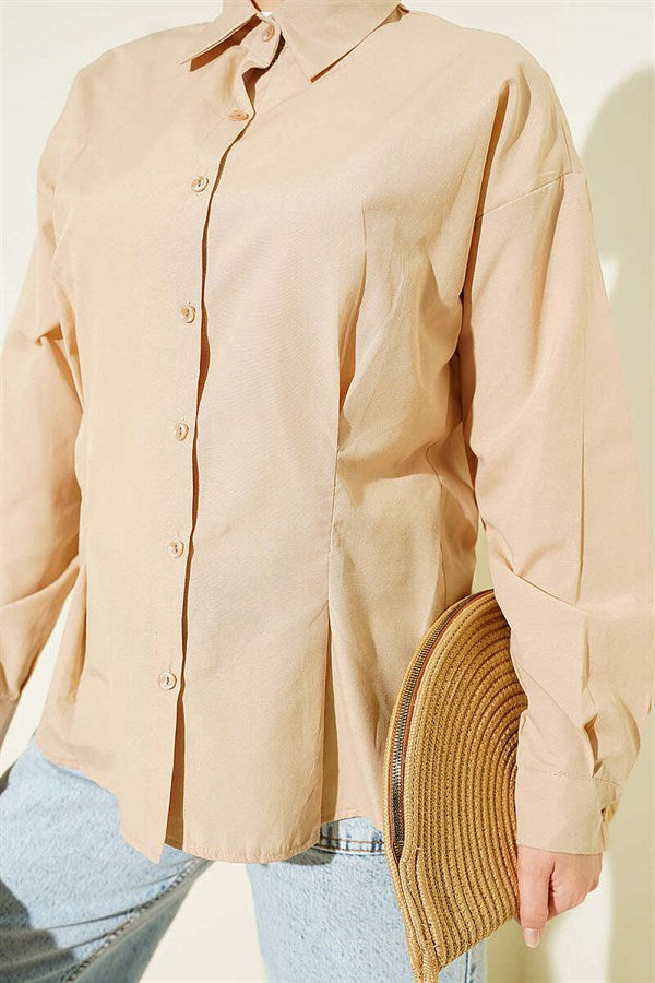 Poplin Shirt with Waist Darts, Beige