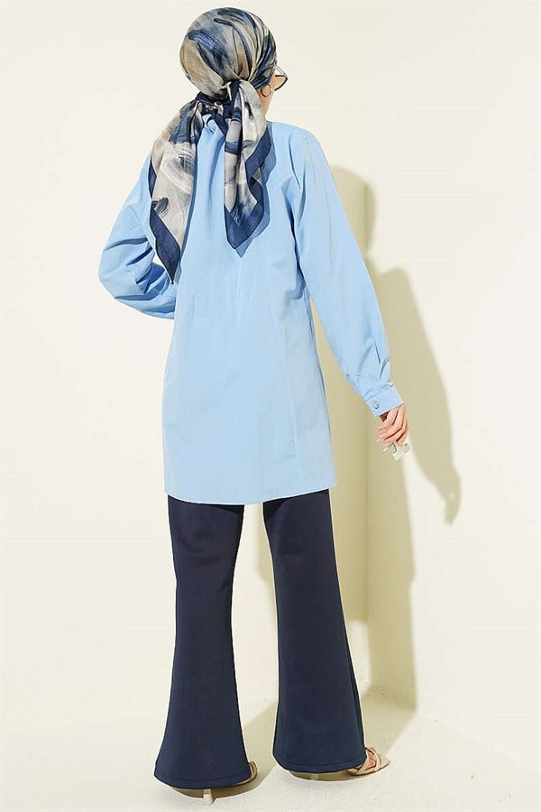 Baby Blue Shirt with Waist Darts and Stone Buttons