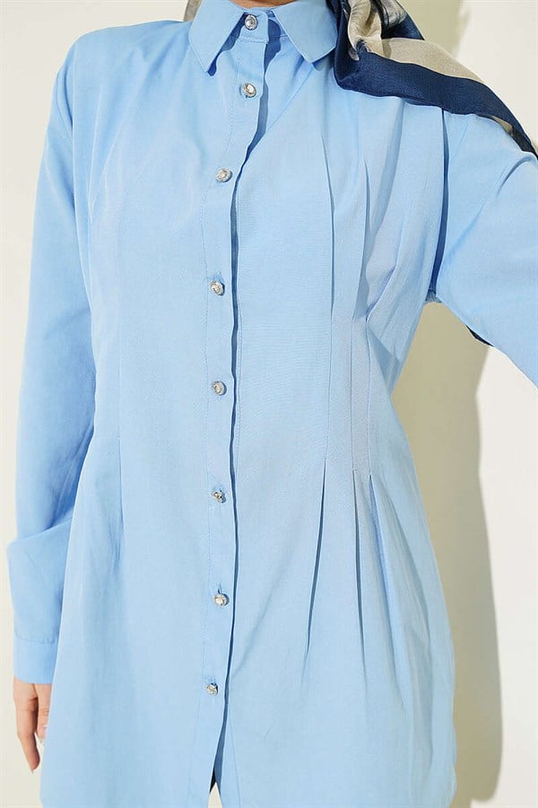 Baby Blue Shirt with Waist Darts and Stone Buttons