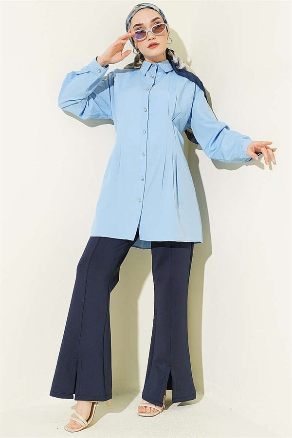 Baby Blue Shirt with Waist Darts and Stone Buttons