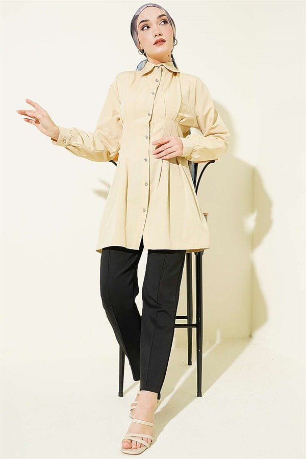Shirt with Waist Darts and Stone Buttons, Beige