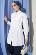White Shirt with Waist Darts and Stone Buttons