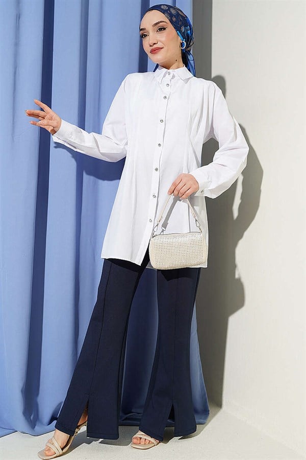 White Shirt with Waist Darts and Stone Buttons