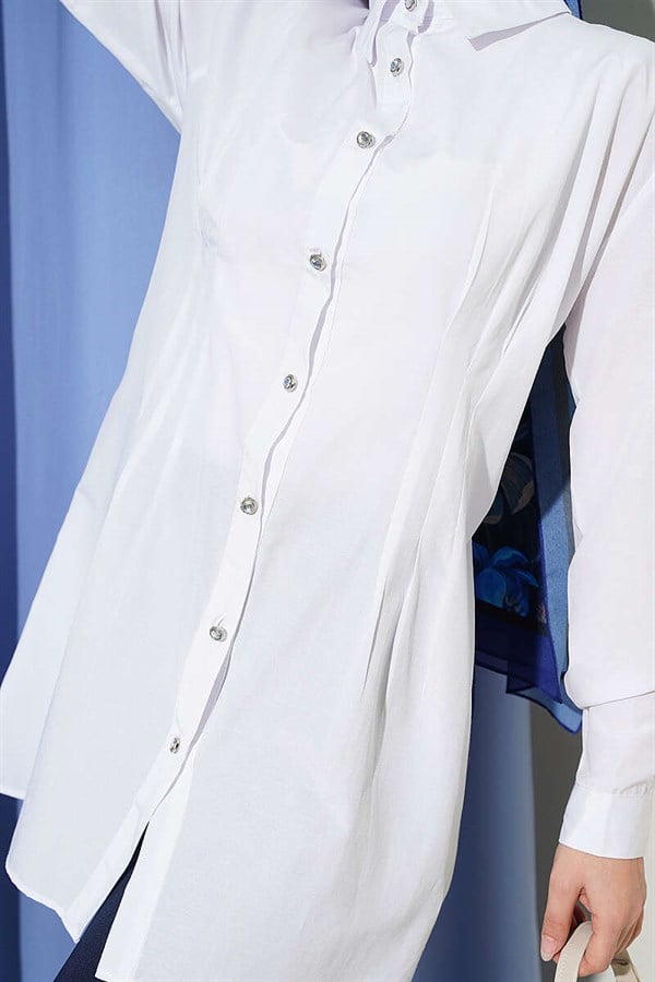White Shirt with Waist Darts and Stone Buttons