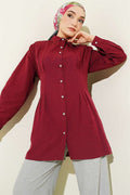 Burgundy Shirt with Waist Darts and Stone Buttons