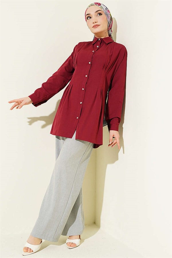 Burgundy Shirt with Waist Darts and Stone Buttons