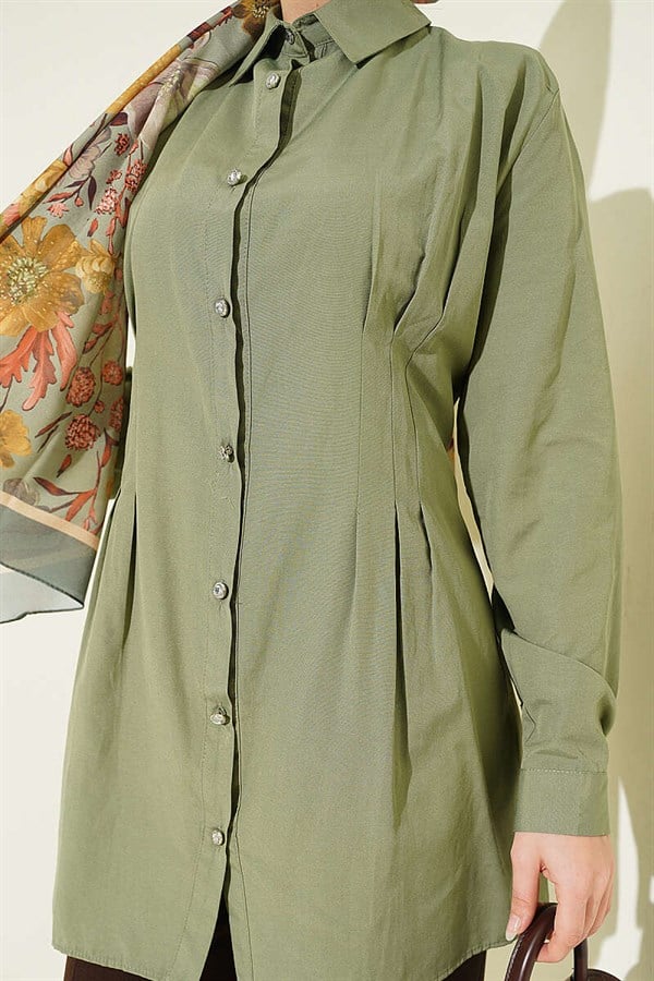 Shirt with Waist Darts and Stone Buttons, Light Green