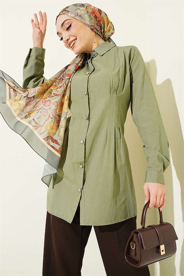 Shirt with Waist Darts and Stone Buttons, Light Green