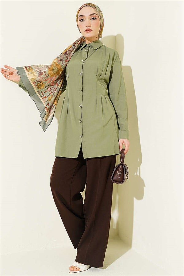 Shirt with Waist Darts and Stone Buttons, Light Green