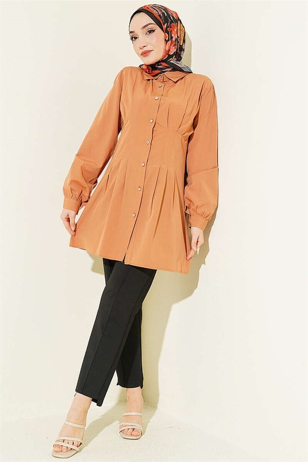 Camel Shirt with Waist Darts and Stone Buttons