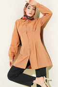 Camel Shirt with Waist Darts and Stone Buttons