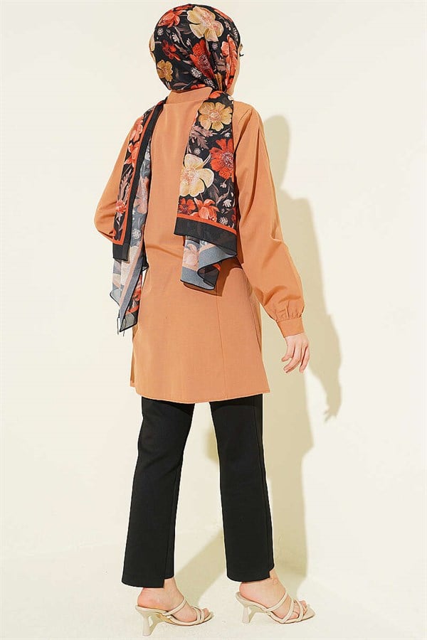 Camel Shirt with Waist Darts and Stone Buttons